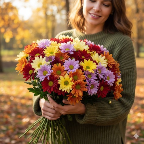 Пышный букет хризантем в руках девушки 30+, осенняя атмосфера, реалистичное фото для интернет-магазина цветов