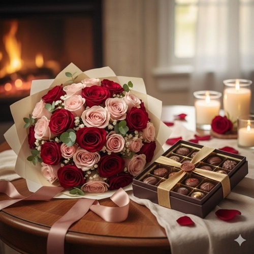 Букет роз с коробкой шоколадных конфет в подарочной упаковке